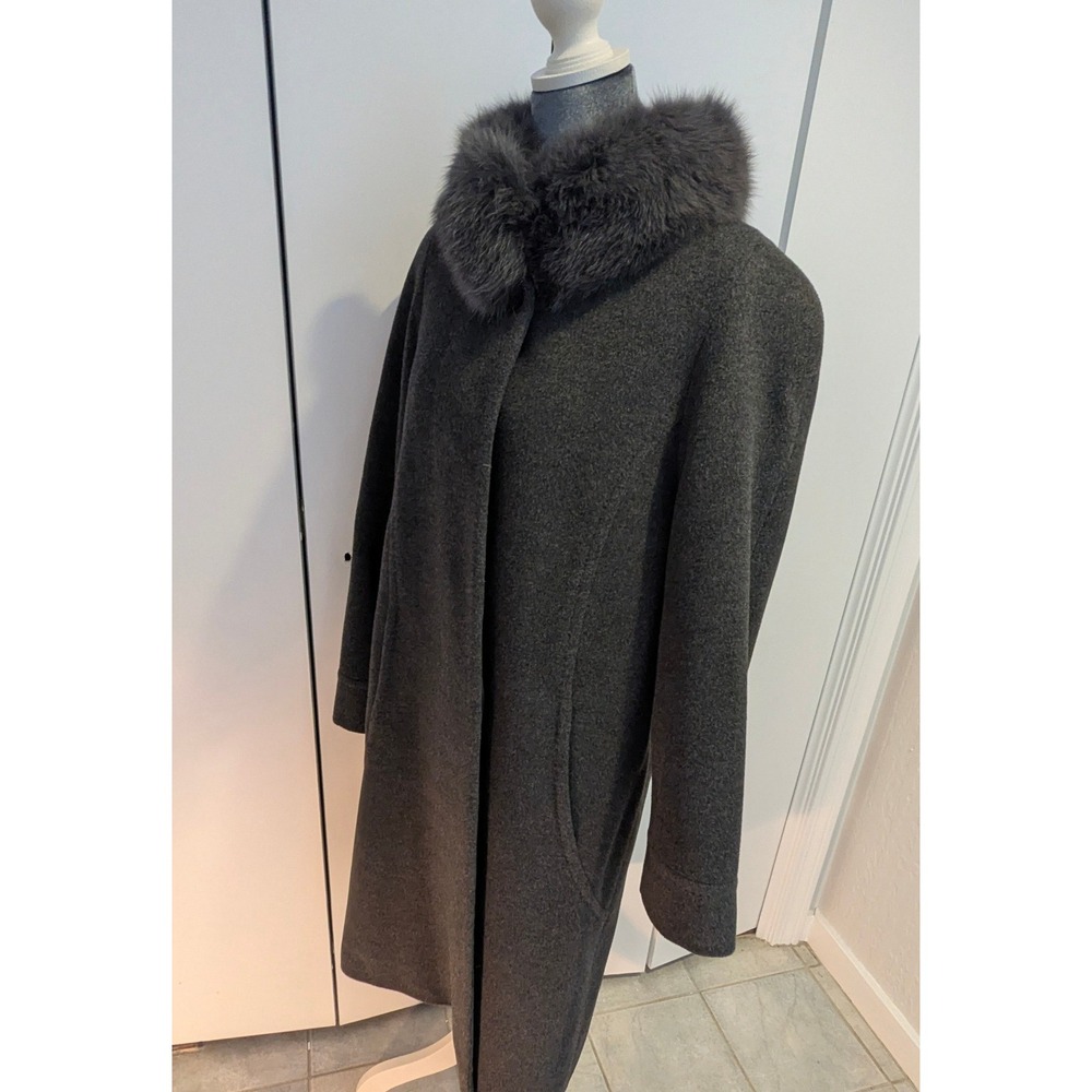 Albert Nipon Womens 10 Wool Fox Fur Trim Coat Charcoal Grey Longline 891697L - Picture 4 of 15